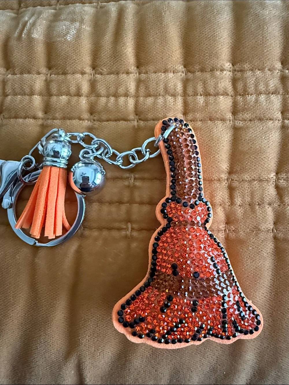 Halloween Broom Orange Crystal Keychain with Tassel NWT